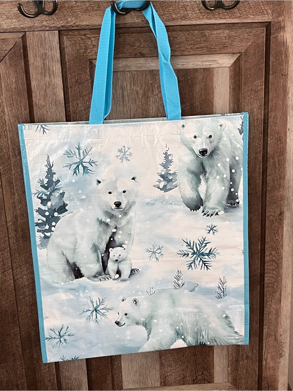 Holiday Polar Bear Reusable Tote Bag – Blue Winter Scene Grocery Shopping Bag